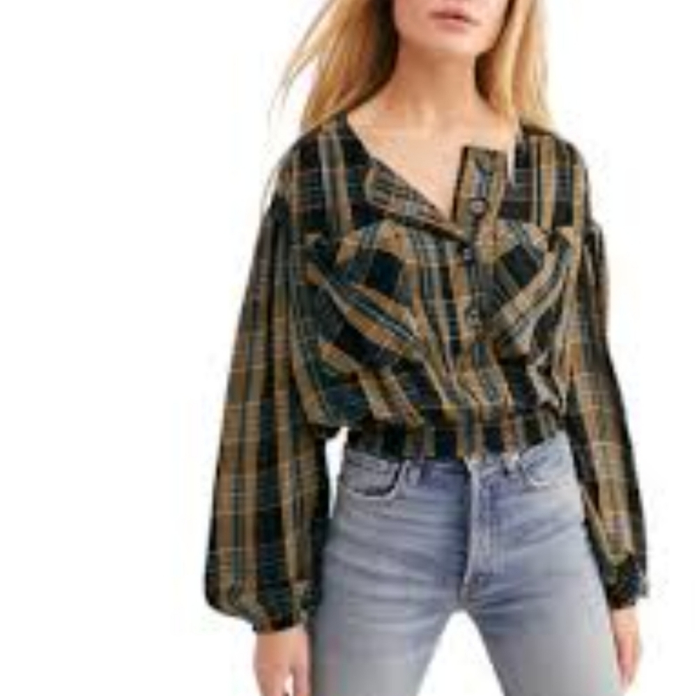 FREE PEOPLE Black Plaid Front Button Top